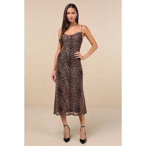 Lulus Flirty Destiny Brown Leopard Print Mesh Cowl Neck Midi Dress - Size XS